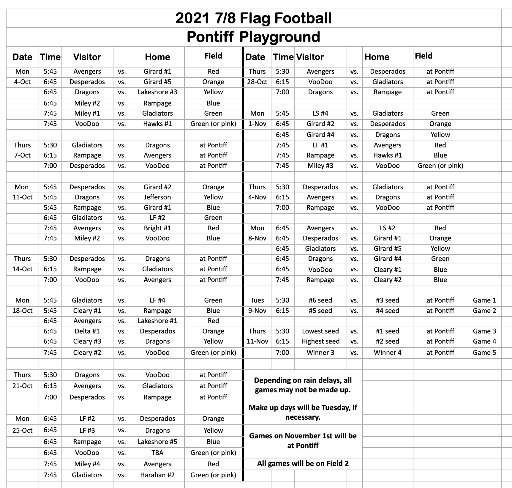 Flag football schedules Pontiff Blue Devils