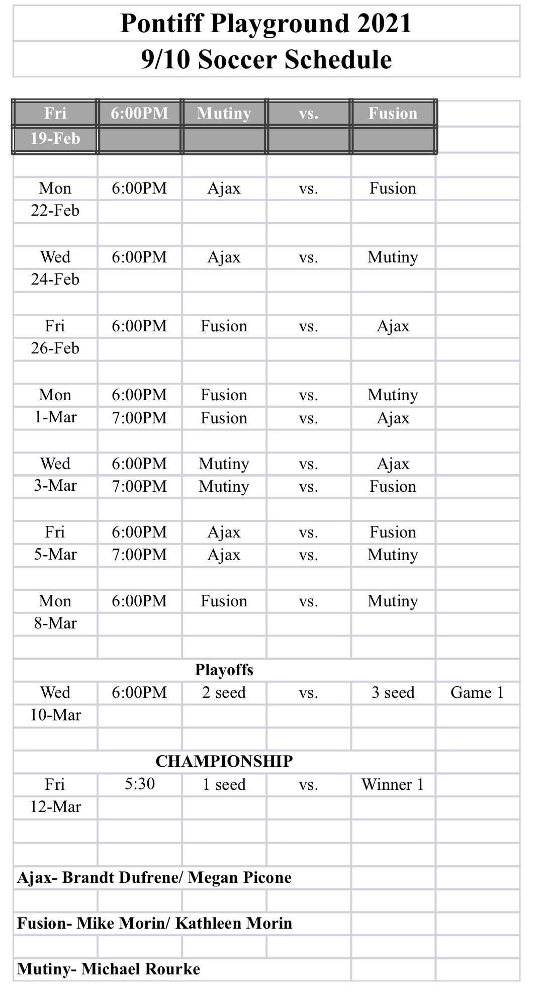 Soccer schedules Pontiff Blue Devils